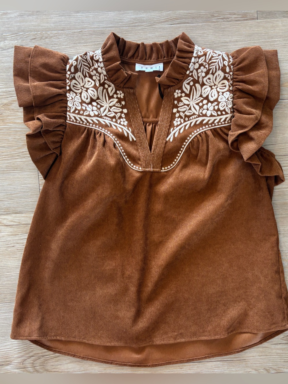 THML Brown Embroidered Ruffle Sleeve Blouse